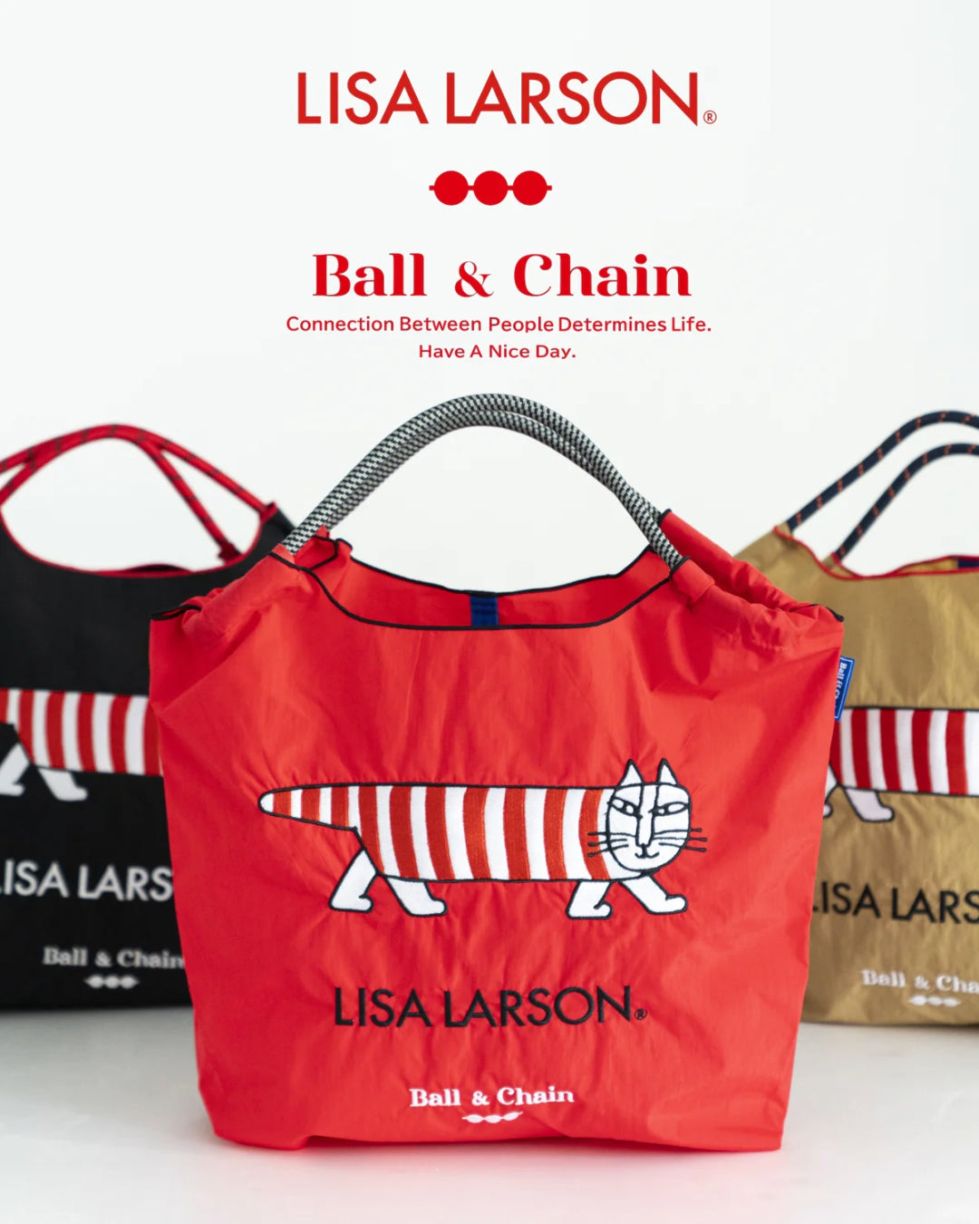 日本｜Ball&Chain x Lisa Larson 麗莎·拉爾森聯名款 刺繡環保購物袋 條紋貓 M size 共兩色