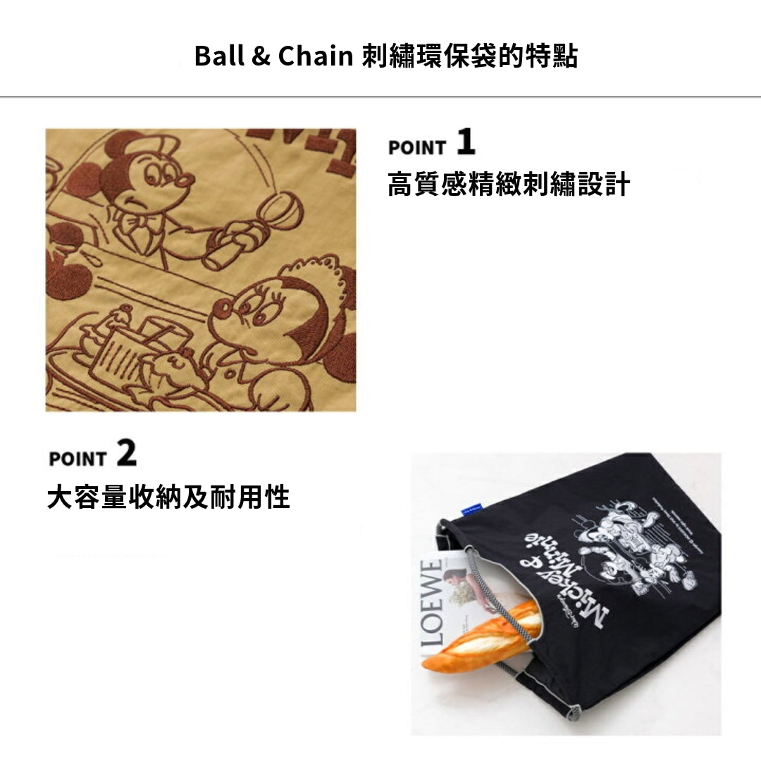 日本｜Ball&Chain x Disney Mickey&Minnie 迪士尼聯名 刺繡環保購物袋 M Size