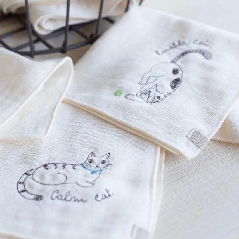 日本｜ORUNET 有機棉貓咪刺繡手帕 日本製 貓咪療癒小物 共四款