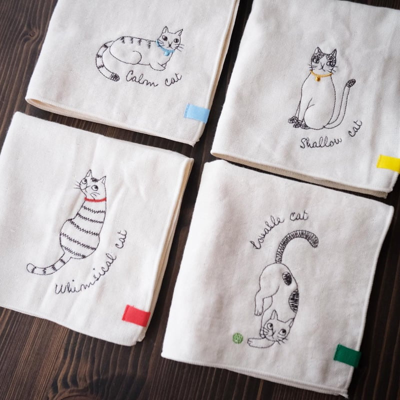日本｜ORUNET 有機棉貓咪刺繡手帕 日本製 貓咪療癒小物 共四款
